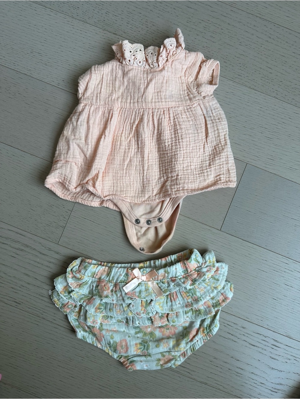 Nicole Miller Peach Ruffle Bodysuit with Floral Ruffle Bloomers